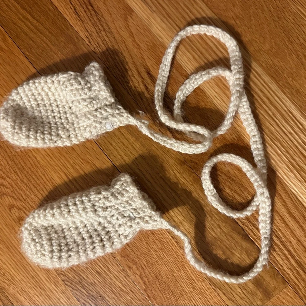 Handmade Cream knit / Crocheted Baby Mittens (soft wool) for 12 month old baby